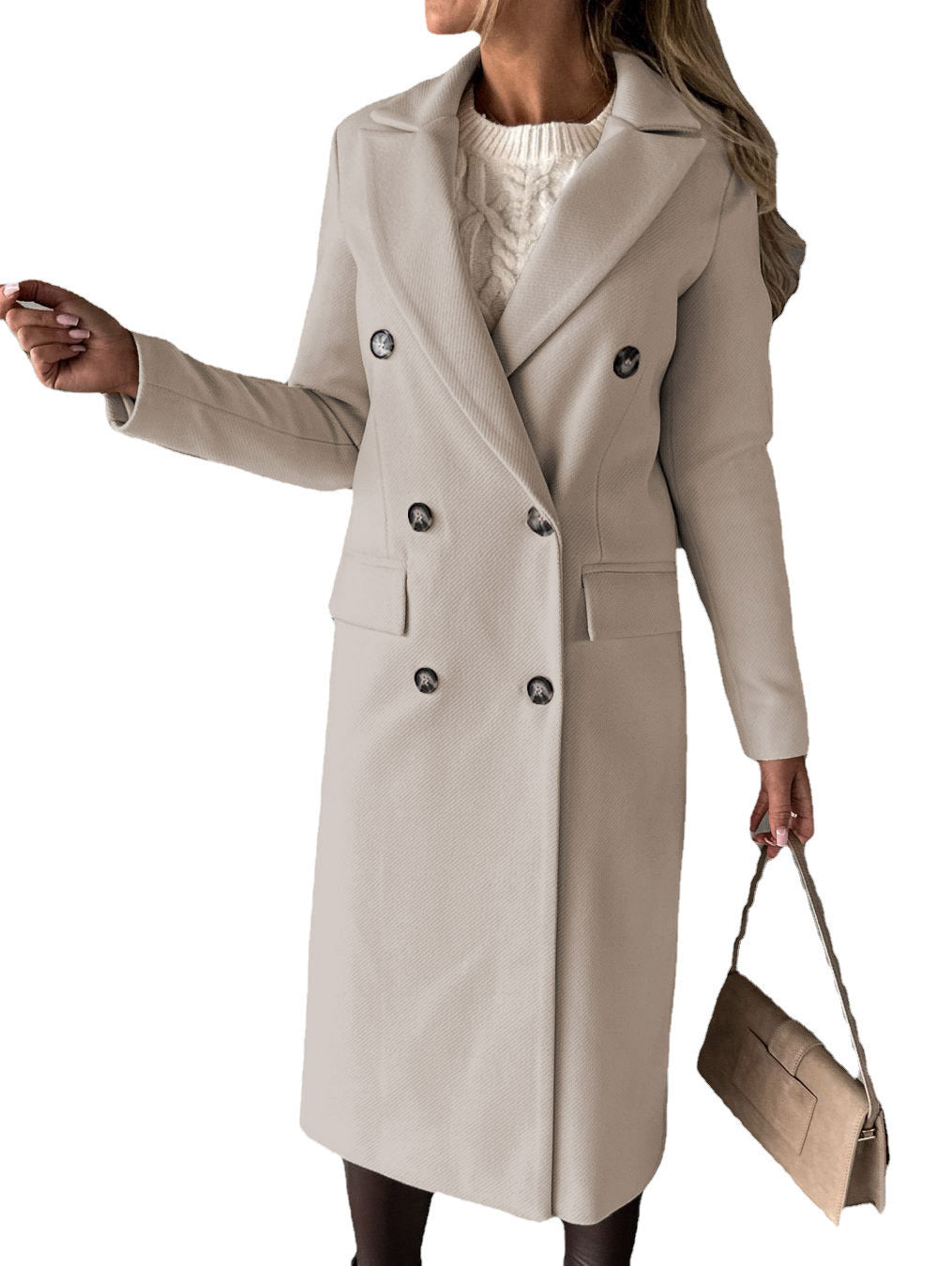 Double Breasted Lapel Coat Solid Slim Long Jacket Long Sleeve Tops Womens Clothing