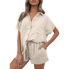 Casual Cotton And Linen Shirt And Shorts Set Womens Clothing