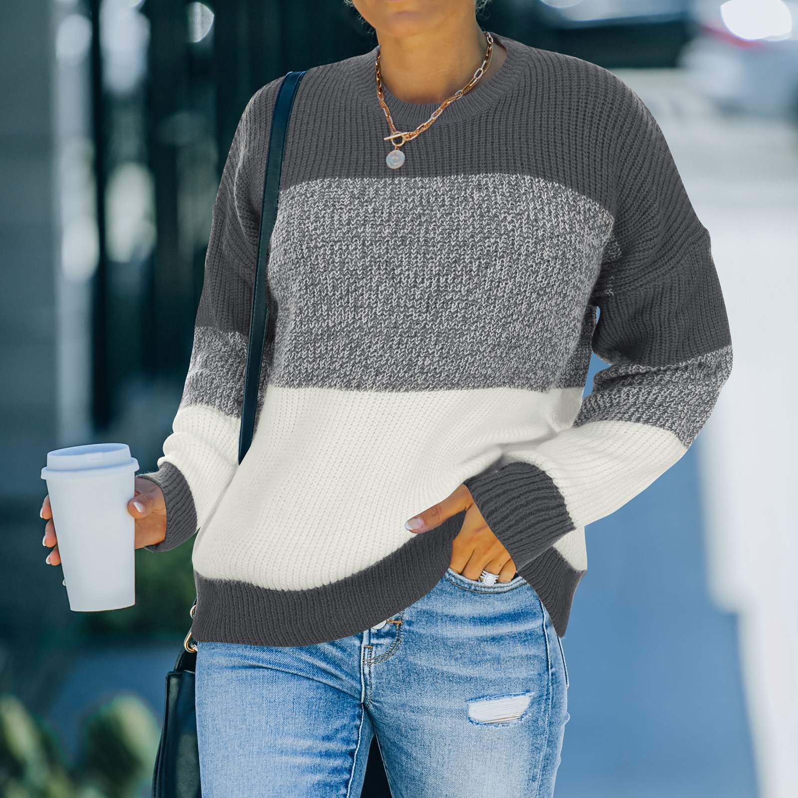 Knitted Stitching Loose Contrast Sweater