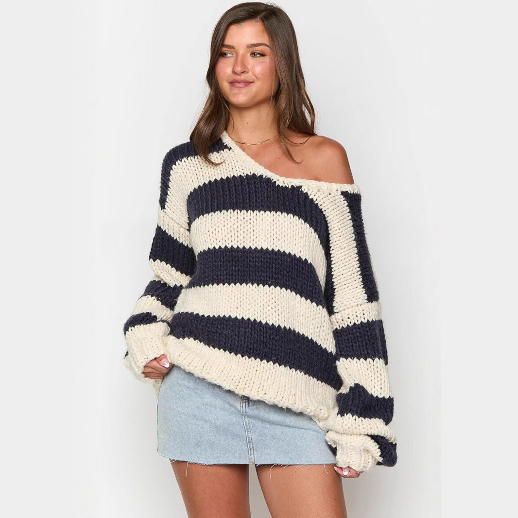 Fall Casual Loose Knitted Sweater Oblique Shoulder