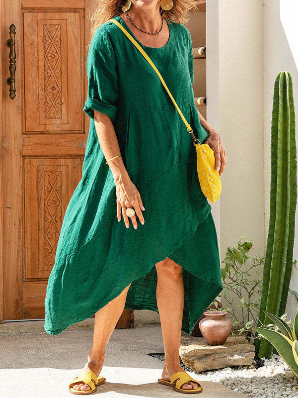 Maxi Dress Neck Pocket Loose Casual Baggy Robe Female Retro Long Dresses