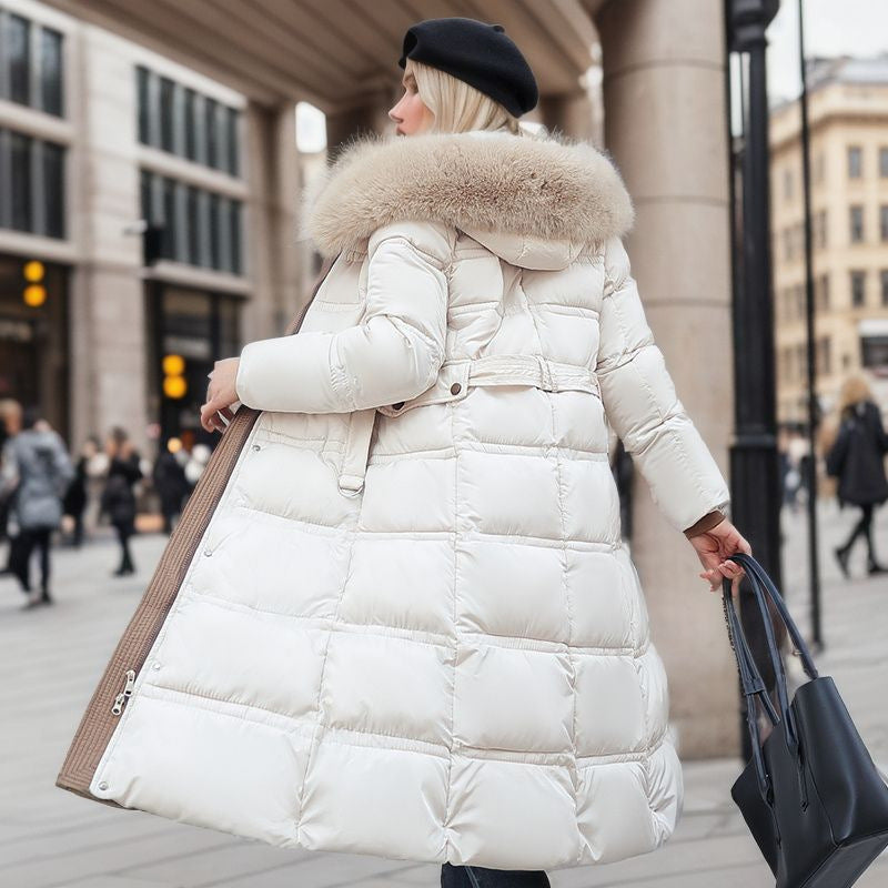 Slim Long Jacket With Fur Hood And Belt Solid Hooded Coat Warm Clothing For Women