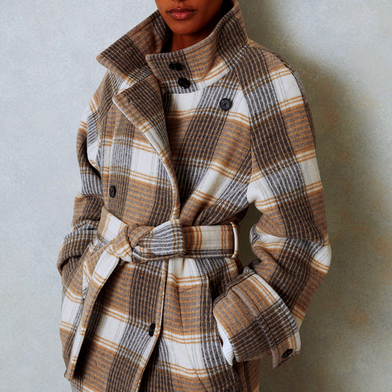 Contrast Color Plaid Coat Waist-tied Coat