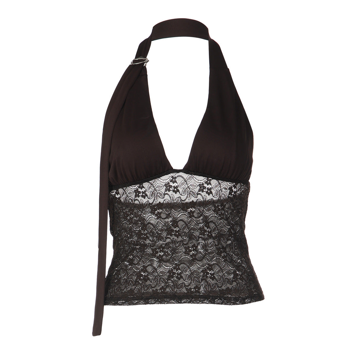 Lace-spliced Deep V-neck Halter Top