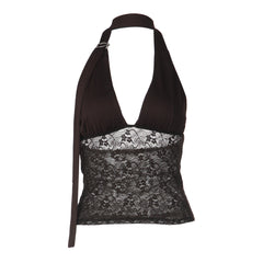 Lace-spliced Deep V-neck Halter Top