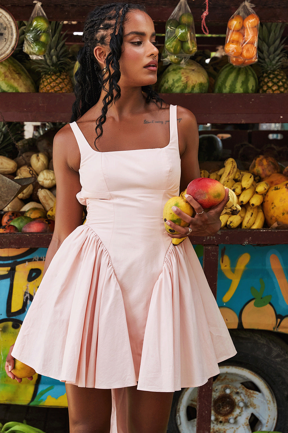 Square Neck Sleeveless Dress With Backless Bow Design Slim Short Dresses For Clothing