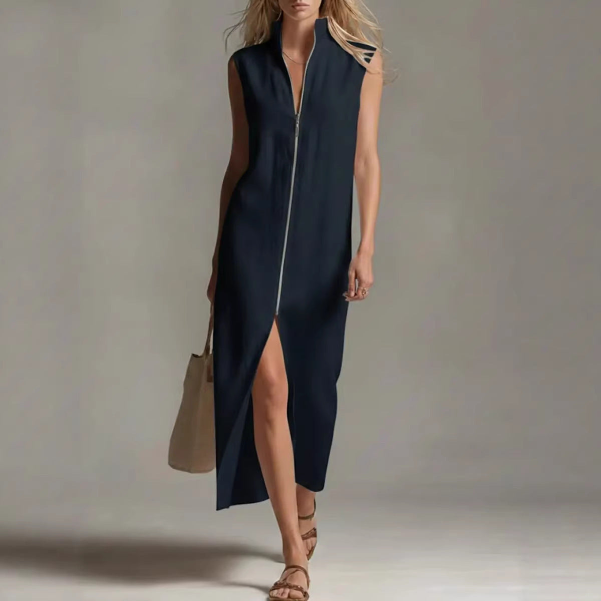 Sleeveless Zippered Stand Collar Slit Casual Dress