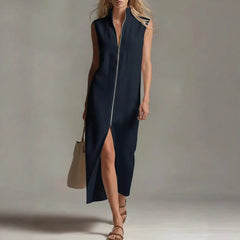 Sleeveless Zippered Stand Collar Slit Casual Dress