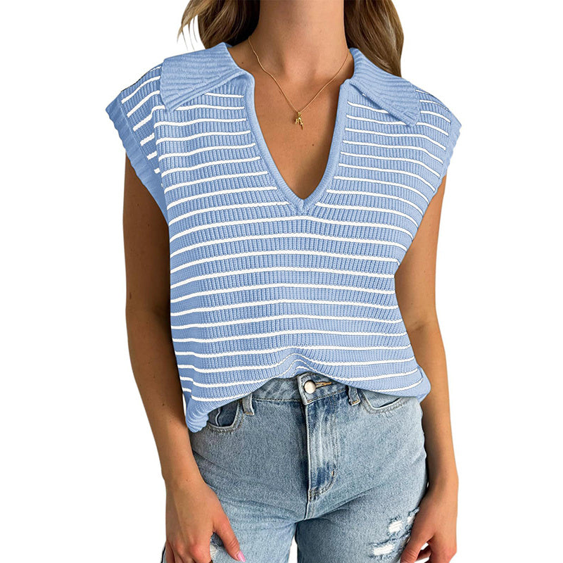 V Neck Cap Sleeve Sweater Vest Sleeveless Collared Striped Knit Tank Tops