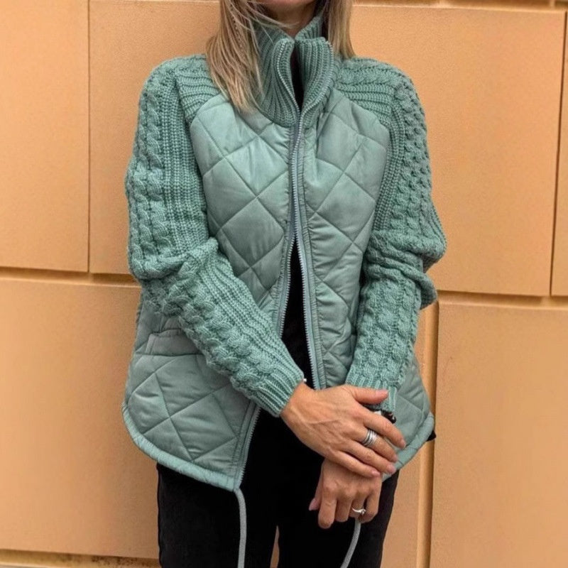 Stand Collar Cotton Jacket With Pockets Knitted Stitching Zipper Coat Warm Tops For Clothing