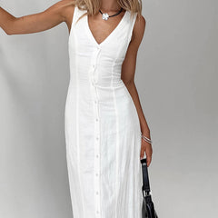 Commuter White Waisted Temperament Straight Split V-neck Cotton And Linen Dress
