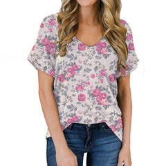 T-shirt, Natural Plant And Floral Print, Casual V-neck Short Sleeves
