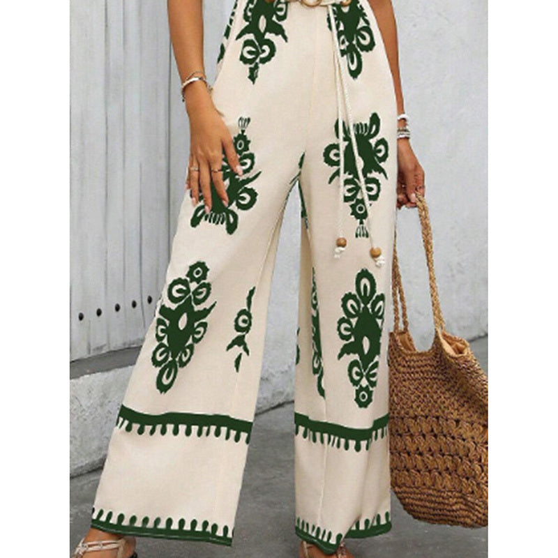 Boho Jumpsuits One Piece Beach Vacation Outfits Shirred Strap Wide Leg Pants Rompers With Pockets