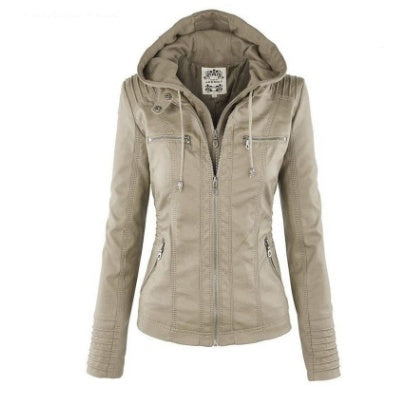 Detachable Hooded Jacket With Pockets Casual Solid Color Zipper Long Sleeve Leather Coat Clothing