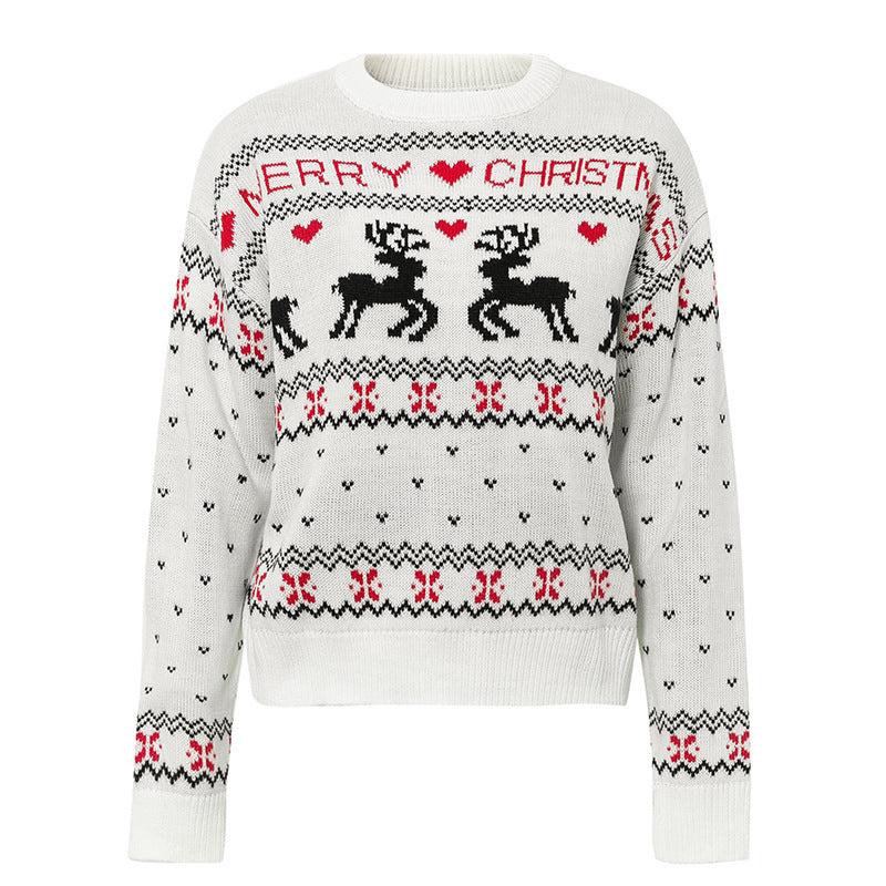 Cute Elk Heart Print Sweater Pullover Christmas Knitted Sweater Tops