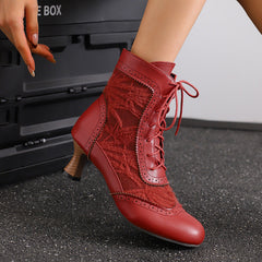 34-50 Plus-Size Lace Patchwork Colorblock Lace-Up Boots