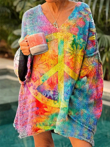 Elegant Digital Printing Casual Loose Sweater Dress