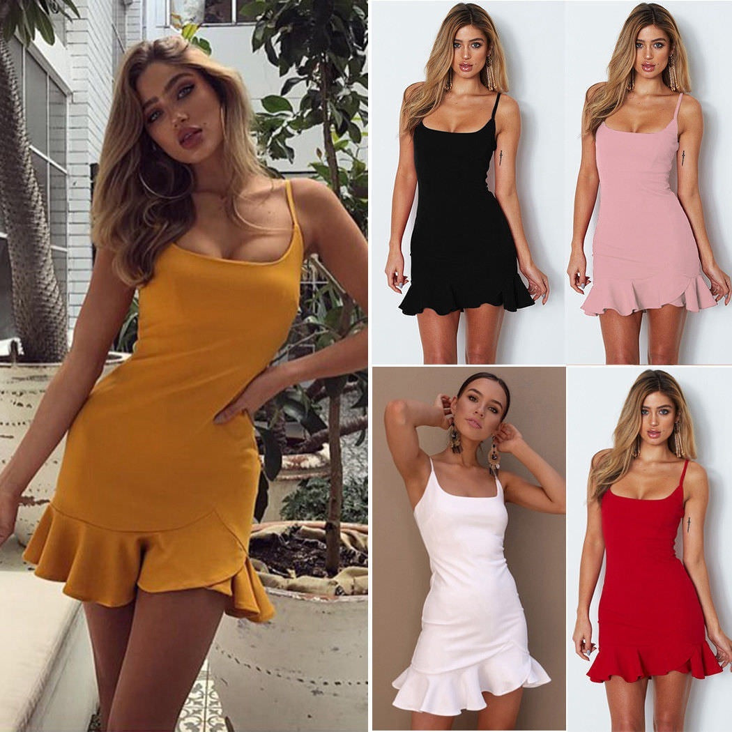 Ruffles Trumpet Dress Sleeveless Spaghetti Strap Slim Dress Party Short Dresses Vestidos
