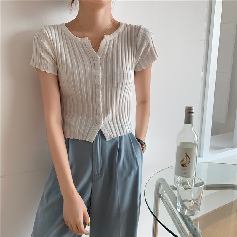 Style High Waist Cropped Short Slim Top Short Sleeve Knitted Cardigan