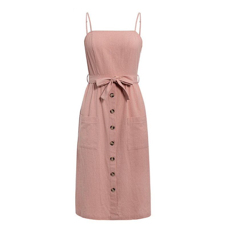 solid color button cotton strap bow A-line dress