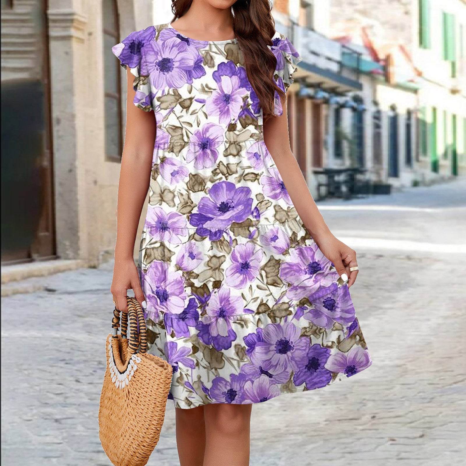 Ruffle Sleeve Dress Loose Flower Print Beach Dresses Sweet Skirt Women