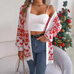 Christmas Clothes Open Front Cardigan Knitwear Lantern Sleeve Xmas Printed Oversized Deer Sweater Pockets Knitted