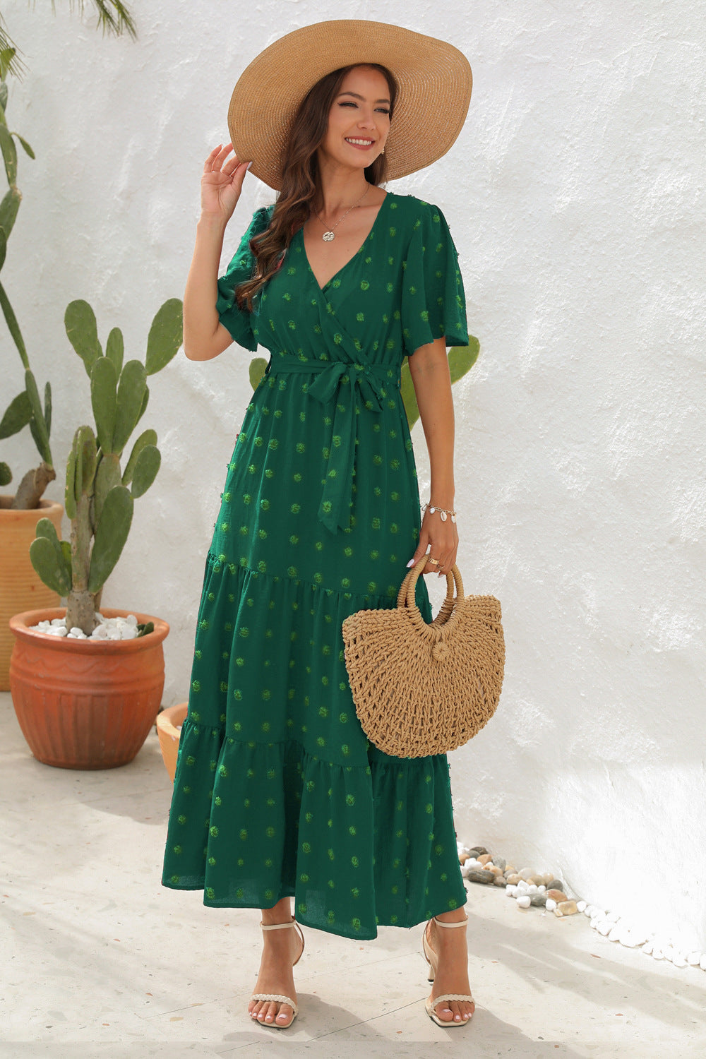 V-neck Short Sleeve Dress Fur-ball Design Tied High Waist Long Long Dresses