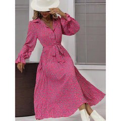 Long Sleeve V Neck Button Down Belted A-Line Flowy Midi Shirt Dress