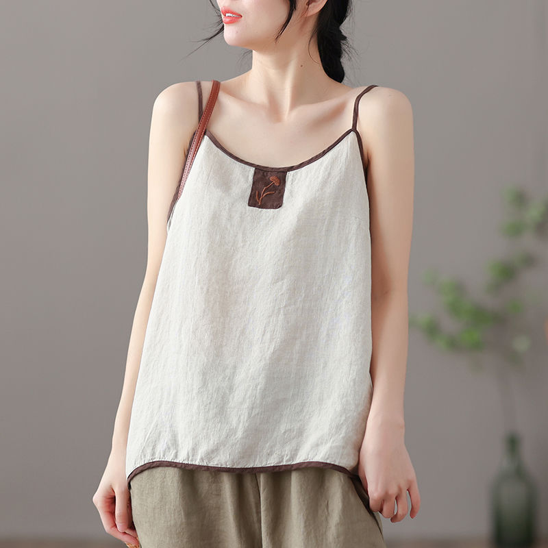 Thin Cotton Linen Top Ladies Embroidered Vest