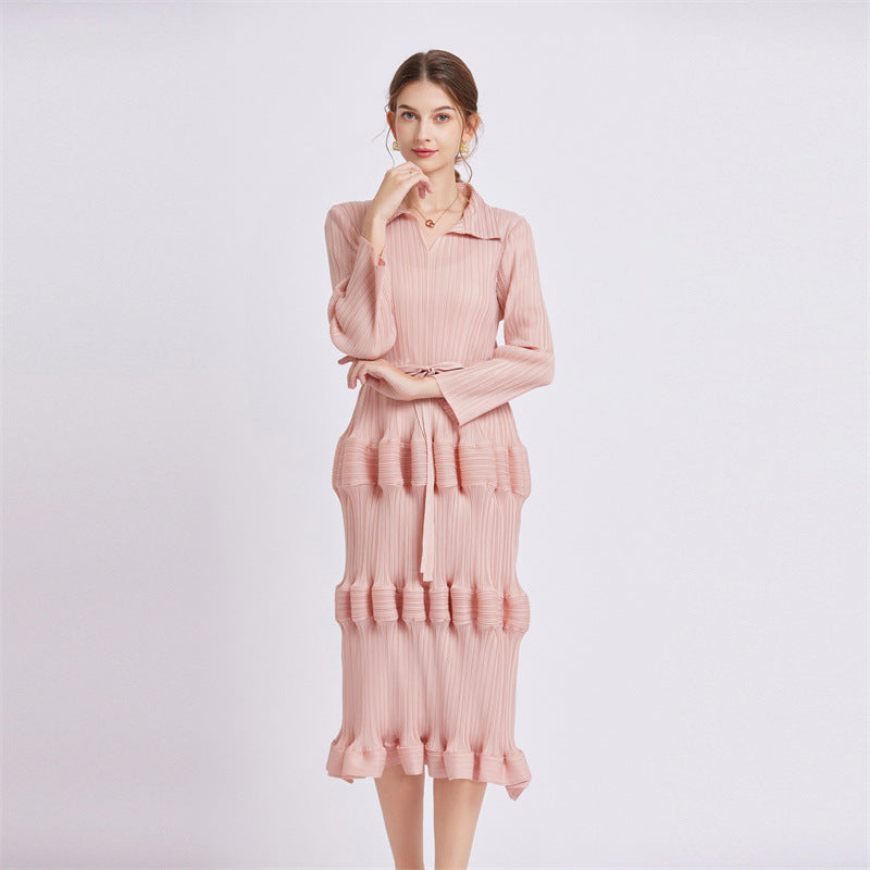 Dress Mid Waist Pleated Slim Fit Lantern Dress