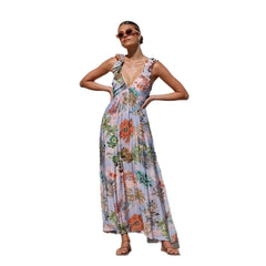 Printed V-neck Large Swing Suspender Dress