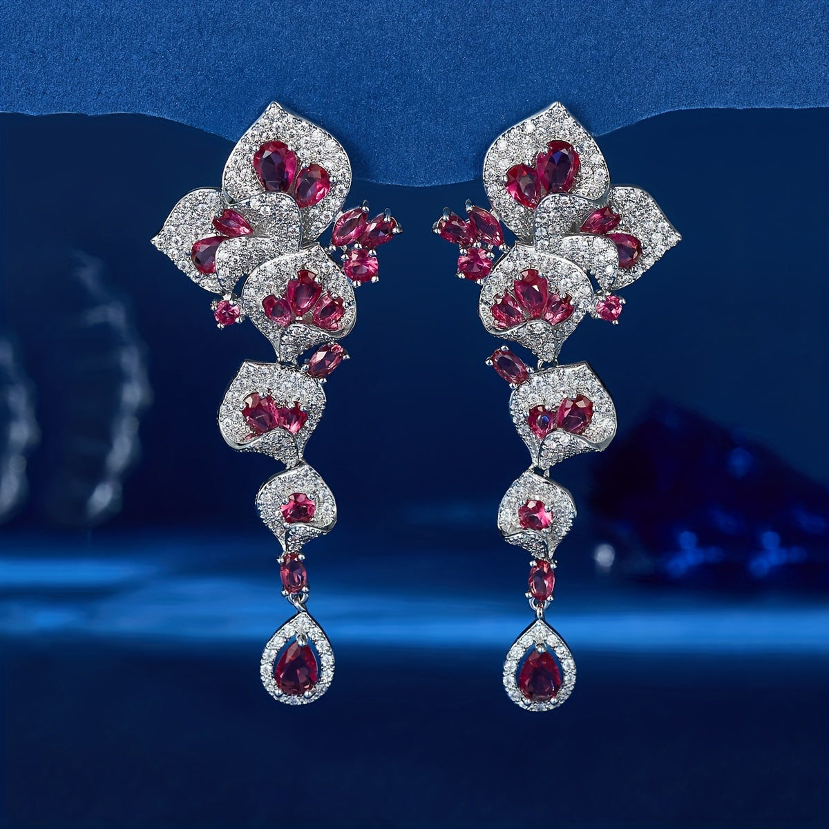 1 Pair Gorgeous Long Dangle Flower Earrings, Cubic Zirconia Earrings For Women, Party Prom Dress Jewelry, Birthday Holiday Gift