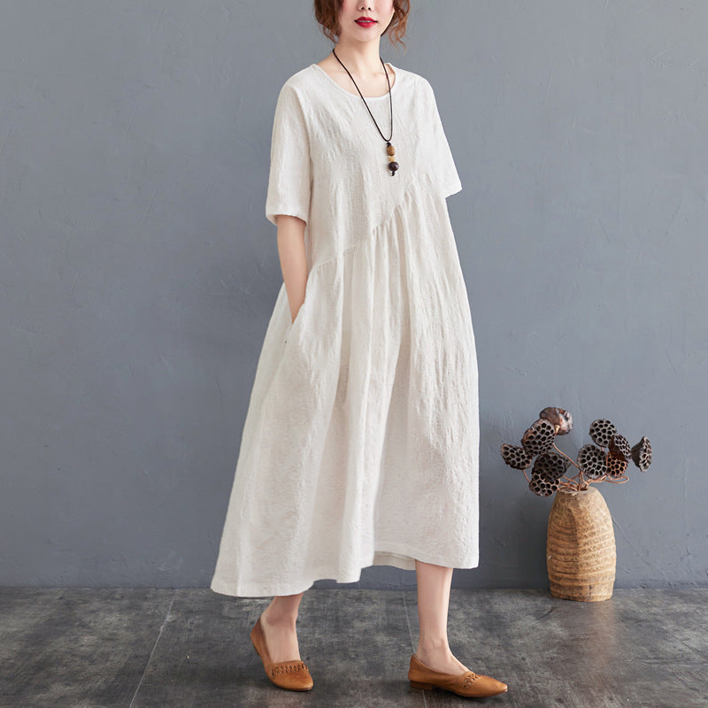 Loose And Simple Jacquard Irregular Large Size Cotton And Linen Dress For Women