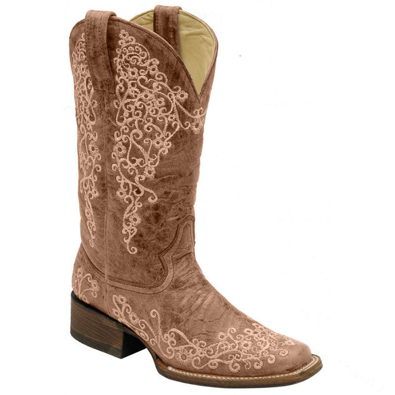 Embroidered And Printed Chunky-Heel Square-Toe Mid-Calf Knight Boots