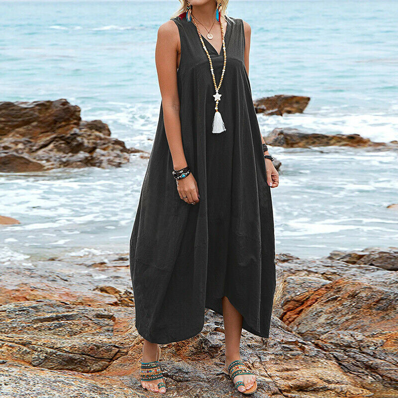 Cotton And Linen V-neck Pocket Casual Dress