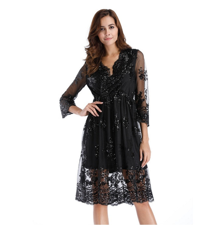 Simplee V long neck party dresses mesh streetwear Christmas MIDI dress female dress