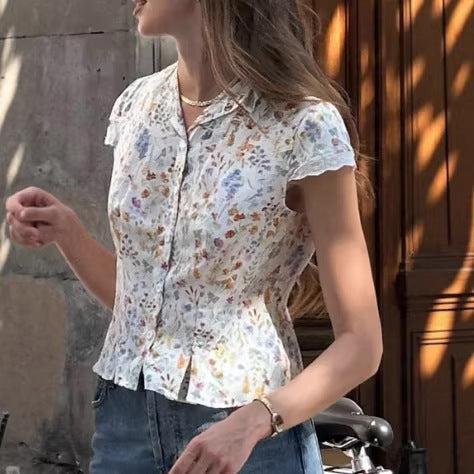 Floral Print Lace-Patchwork V-Neck Shirt