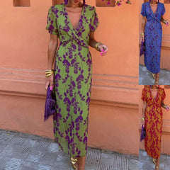 V-neck Short-sleeved Dress Flowers Printed Slim Beach Dresses For Clothing