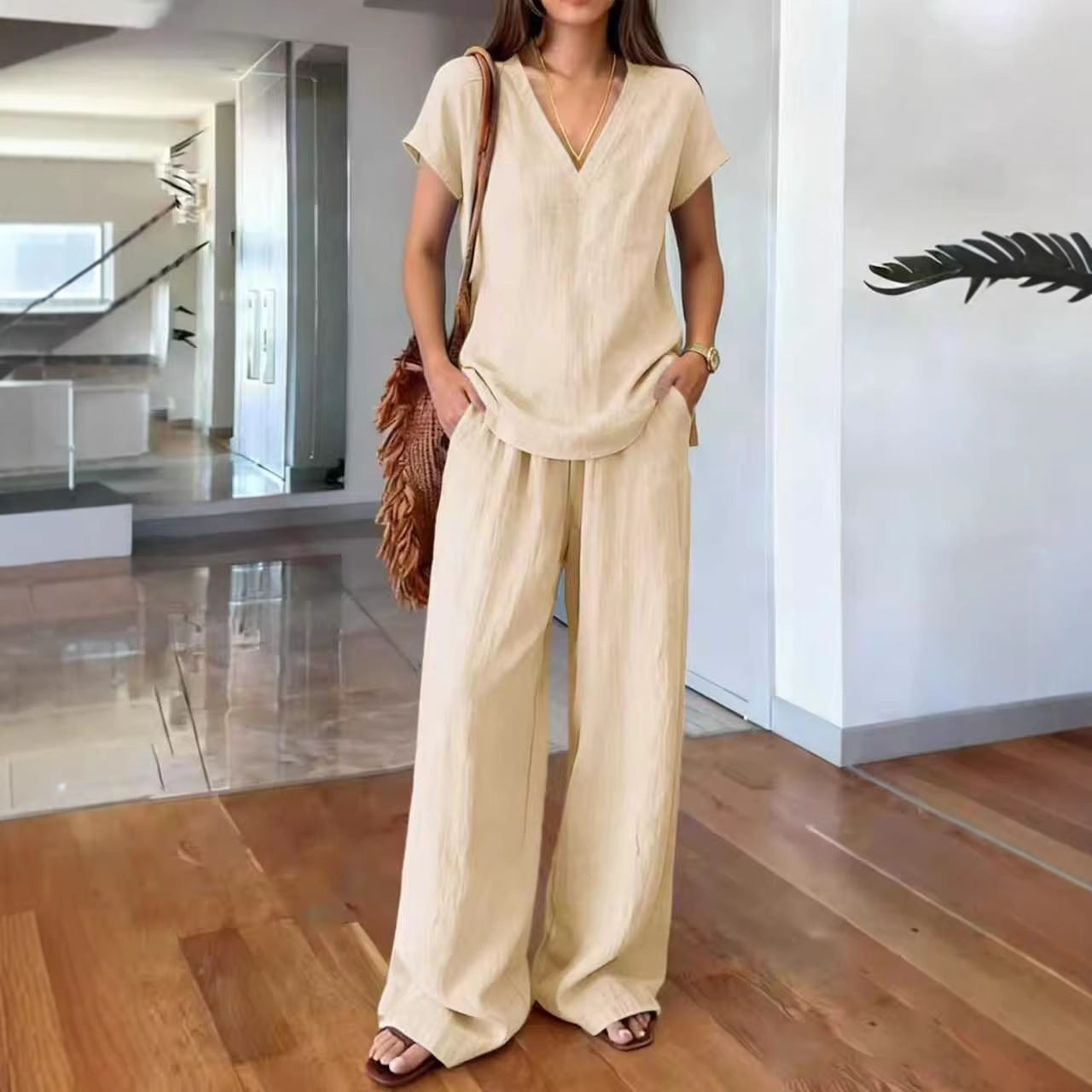 V-neck Short-sleeve T-shirt And Wide-leg Pants Womens Suit