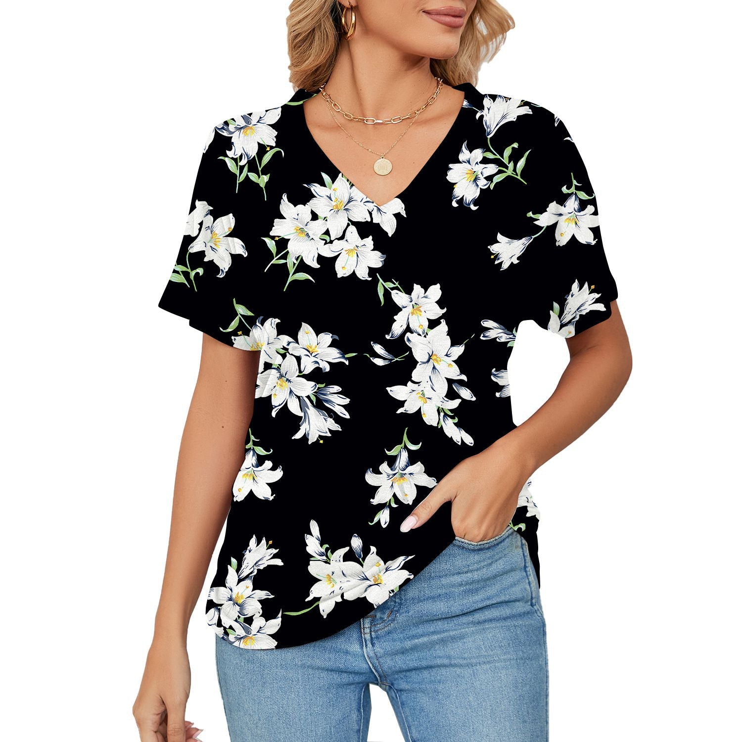 T-shirt, Natural Plant And Floral Print, Casual V-neck Short Sleeves