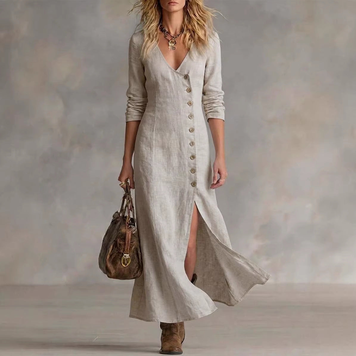 Casual Cotton-Linen Long-Sleeve Womens Dress
