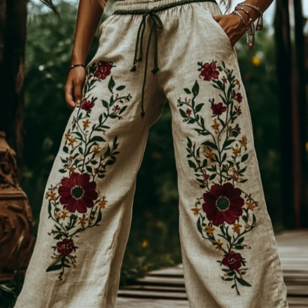 Printed Long Pants For Made Of Linen Versatile And Wide-leg Style