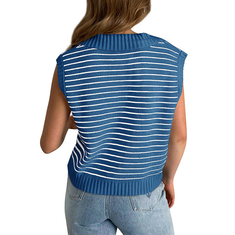 V Neck Cap Sleeve Sweater Vest Sleeveless Collared Striped Knit Tank Tops