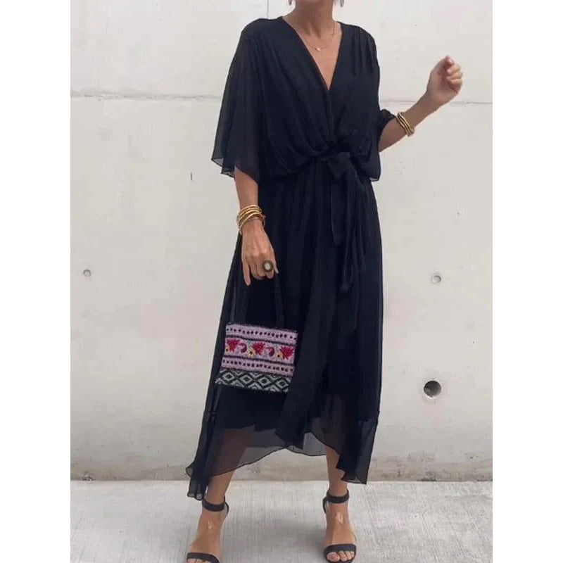Batwing Sleeve V-neck Dress Pure Color Tied Irregular Long Dresses Womens Clothing