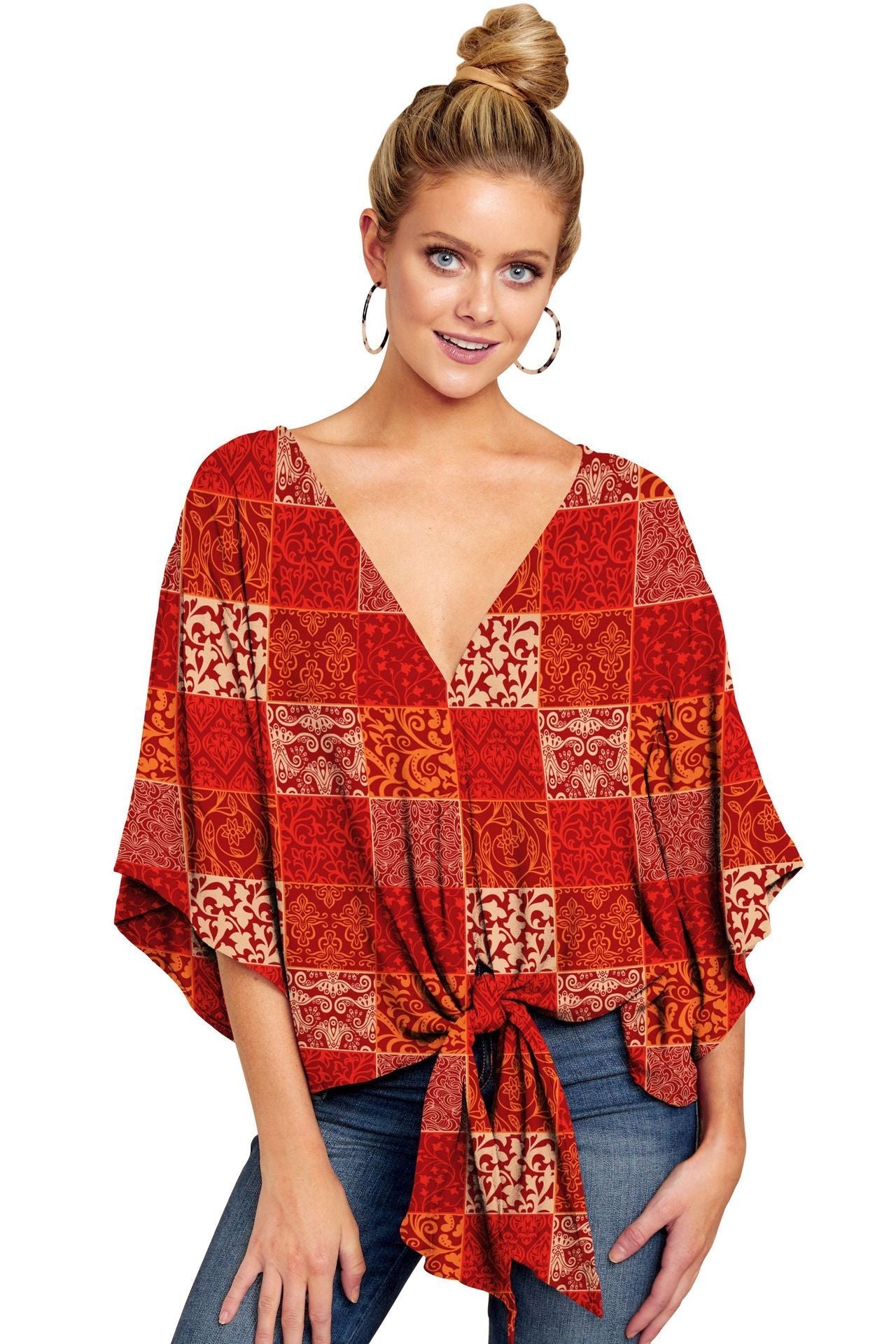 V Neck Blouse Leopard Print Shirts Floral Tie Front Blouses Batwing Oversize Ladies Tops