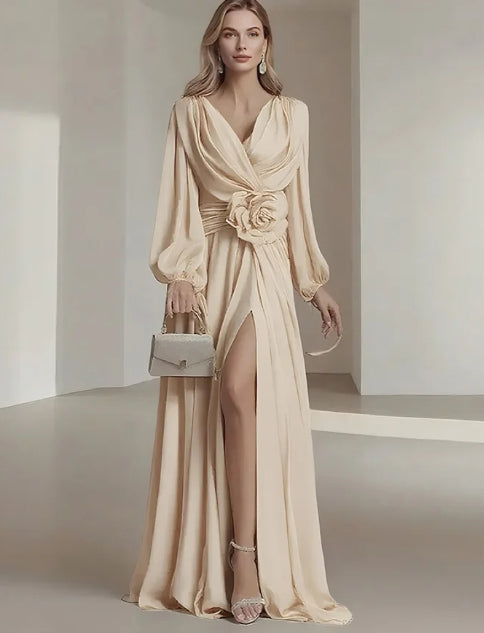 Flower Pleated Chiffon Wedding Dress Long Buff Sleeve Flowy V-neck Maxi Dress