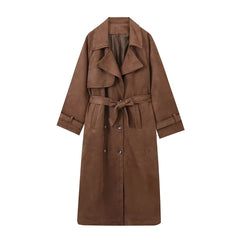 Double Breasted Lapel Shift Coat With Belt Vintage Suede Long Coat Outwear Clothing