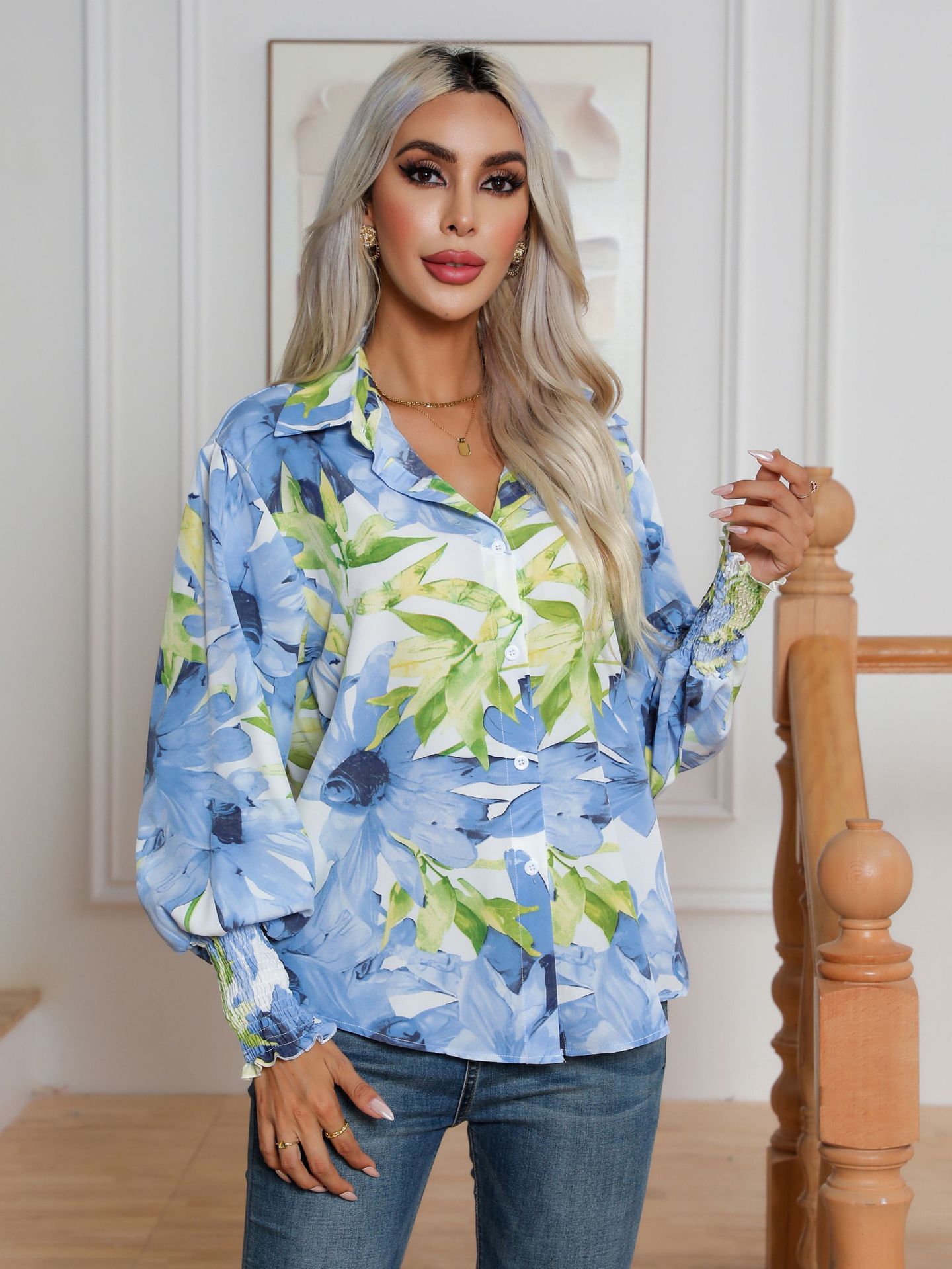 Printing Lantern Sleeve Shirt Women