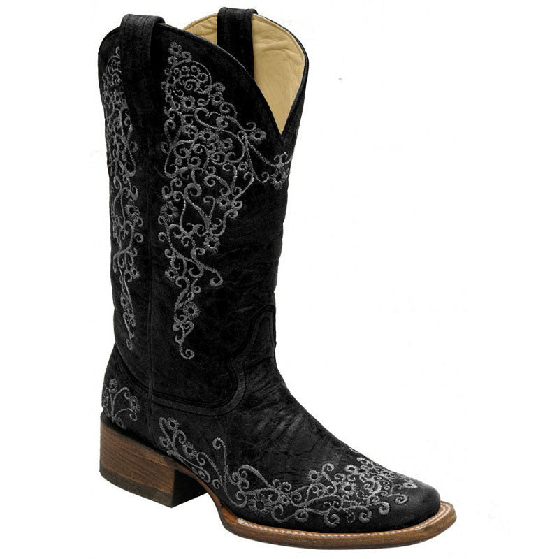 Embroidered And Printed Chunky-Heel Square-Toe Mid-Calf Knight Boots
