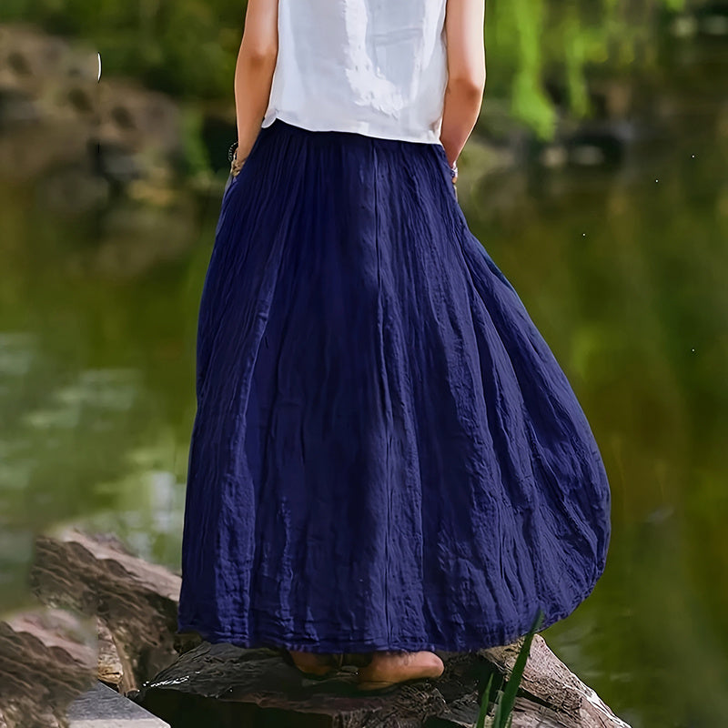 Bohemian Beach A-Line Dress Elastic Waist Flowy Long Maxi Skirt With Pockets